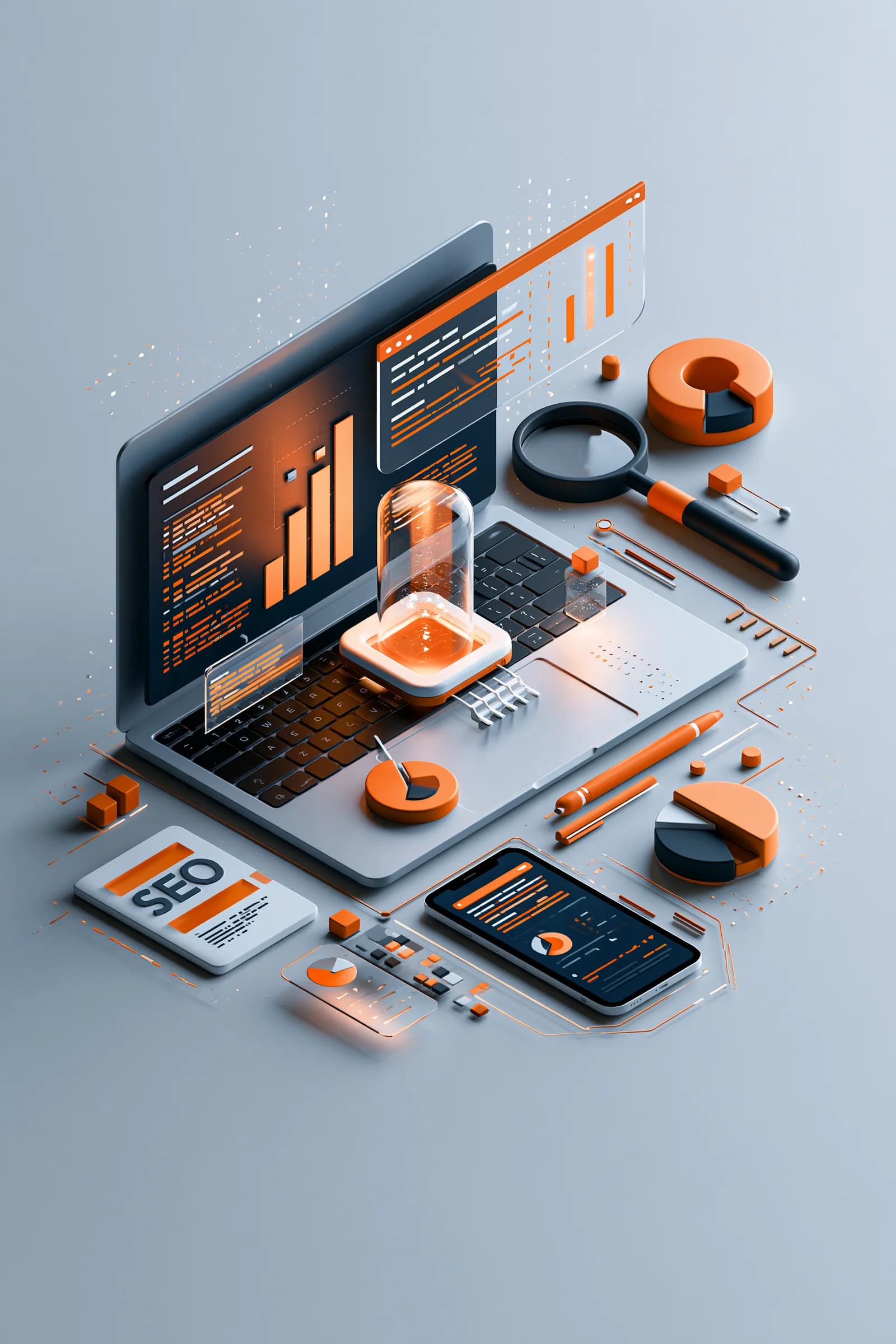 Orange and charcoal illustration of a laptop with search and analytics tools